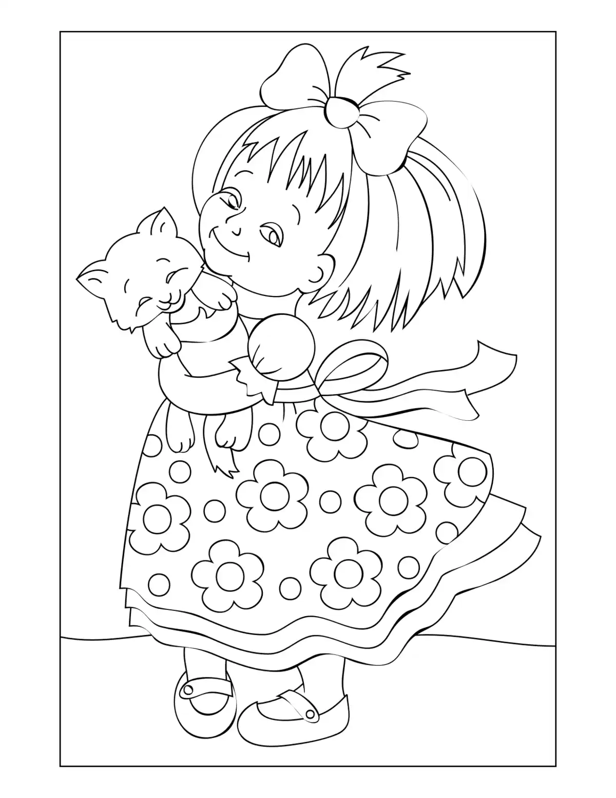 Free Coloring Pages PDF, Farm Little Girl With Kitten Cat Coloring Pages Pdf
