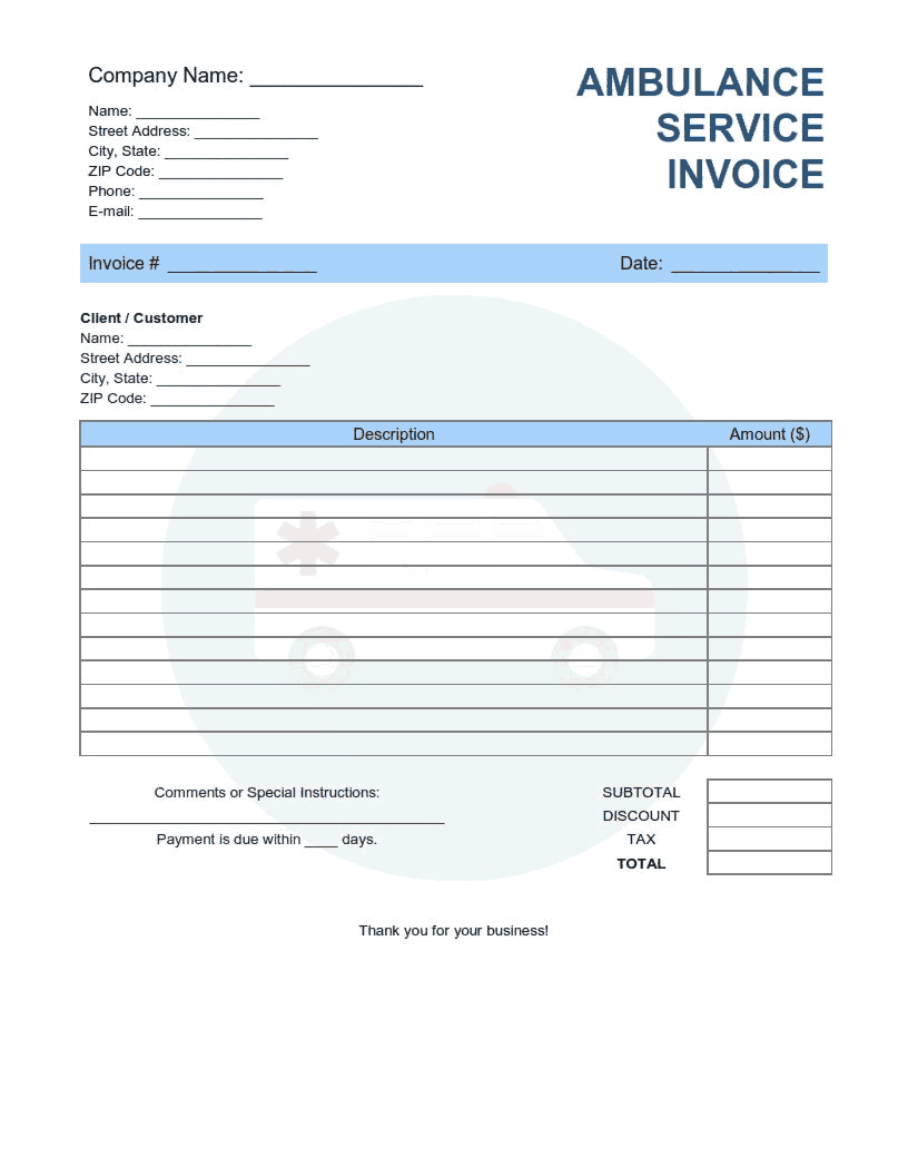 Ambulance Service Invoice Template Word  Excel  PDF Free With Regard To Hvac Service Invoice Template Free