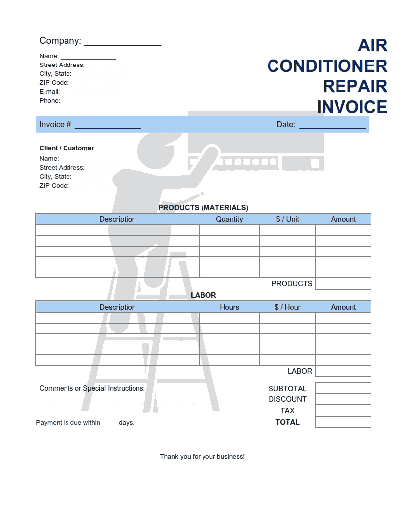 Air Conditioner Repair Service Invoice Template Word  Excel  PDF Within Air Conditioning Invoice Template