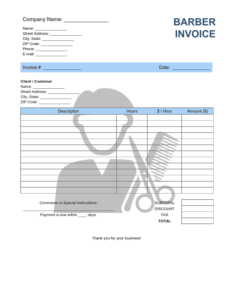 Free Download PDF Books, Barber Invoice Template Word | Excel | PDF