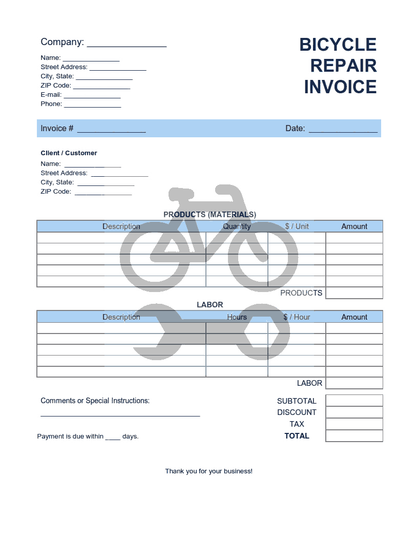 Bicycle Repair Invoice Template Word Excel Pdf Free Download Free Pdf Books