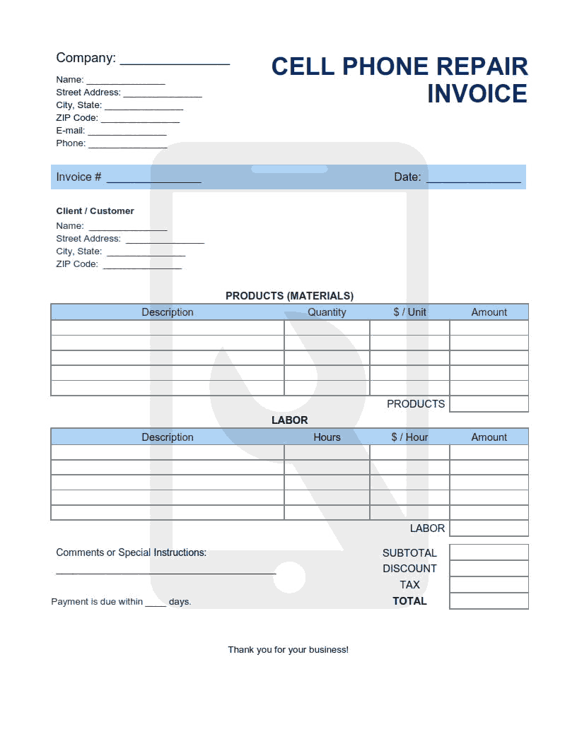 Cell Phone Repair Invoice Template Word Excel Pdf Free Download With Regard To Cell Phone Repair Invoice Template