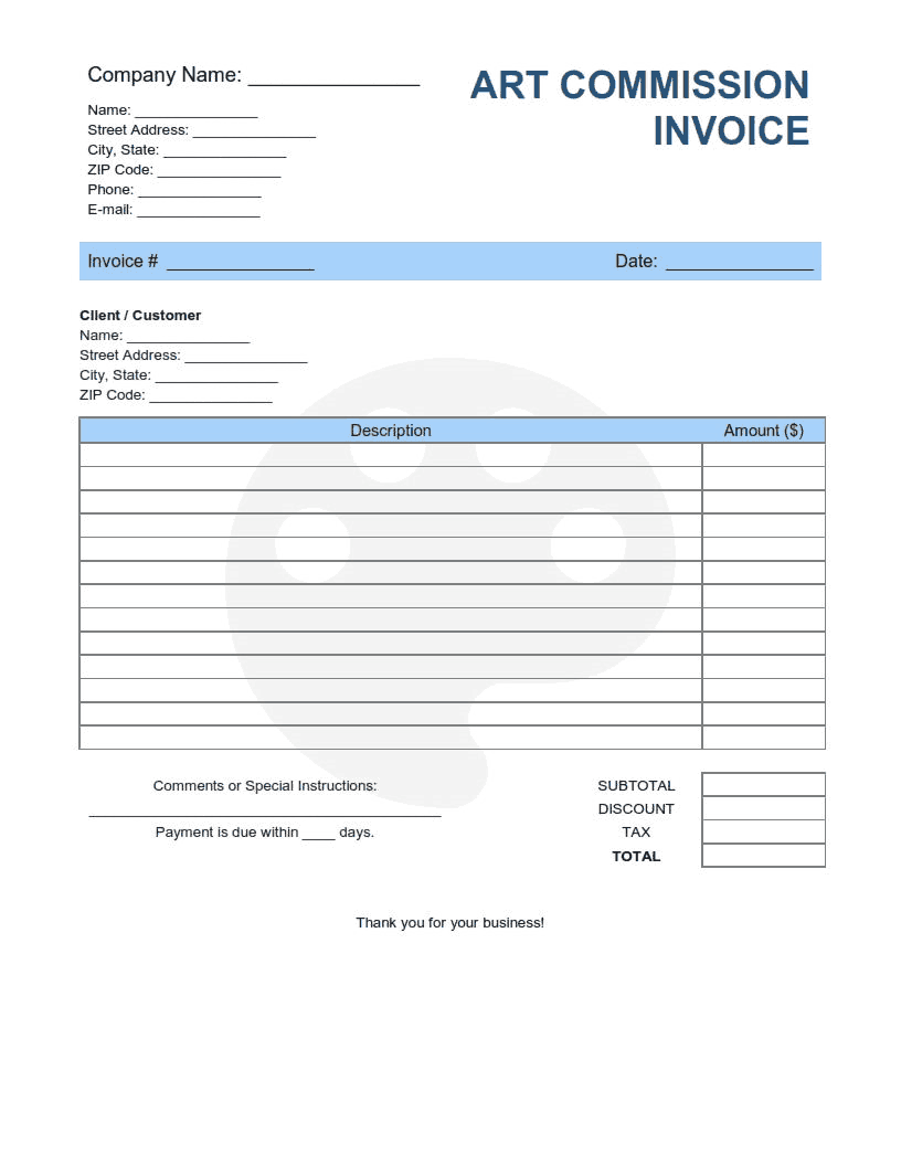Free Download PDF Books, Art Commission Invoice Template Word | Excel | PDF