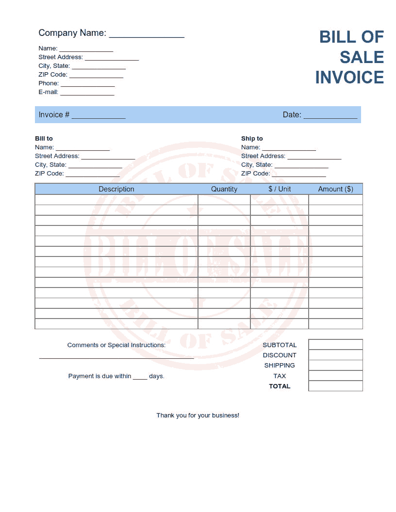 Free Download PDF Books, Bill of Sale Invoice Template Word | Excel | PDF