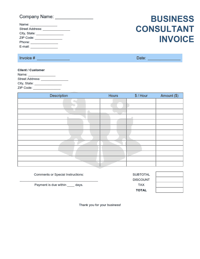 Business Consultant Invoice Template Word  Excel  PDF Free Within Free Consulting Invoice Template Word