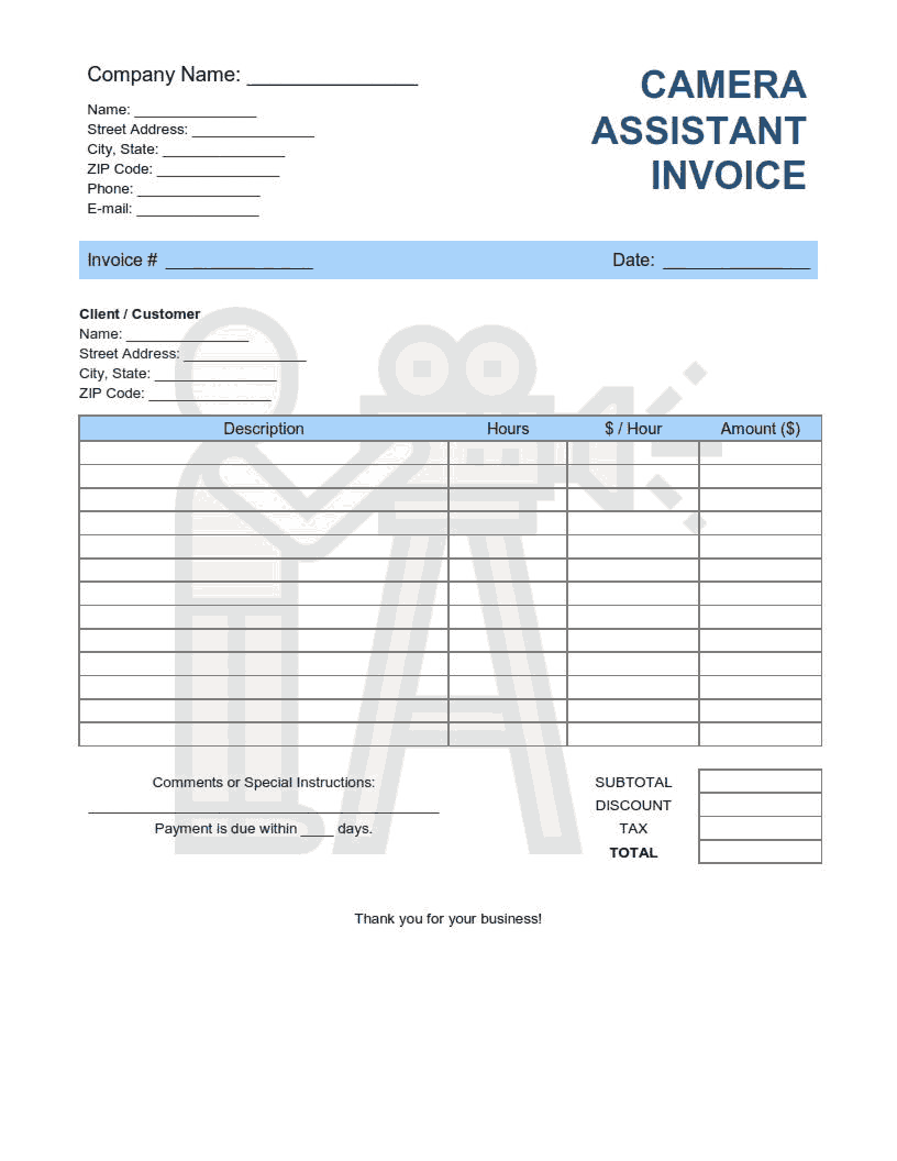 Free Download PDF Books, Camera Assistant Invoice Template Word | Excel | PDF