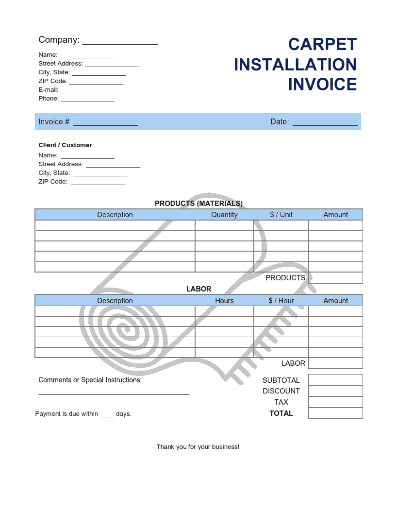 Carpet Installation Invoice Template Word  Excel  PDF Free In Carpet Installation Invoice Template