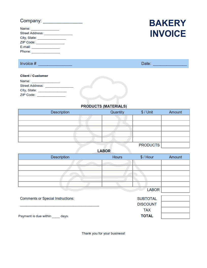 Bakery Invoice Template Word  Excel  PDF Free Download  Free In Bakery Invoice Template
