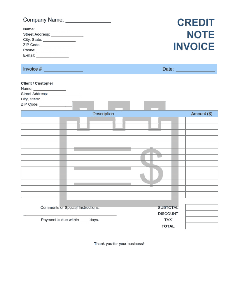 Credit Note Invoice Template Word  Excel  PDF Free Download With Credit Note Template Doc