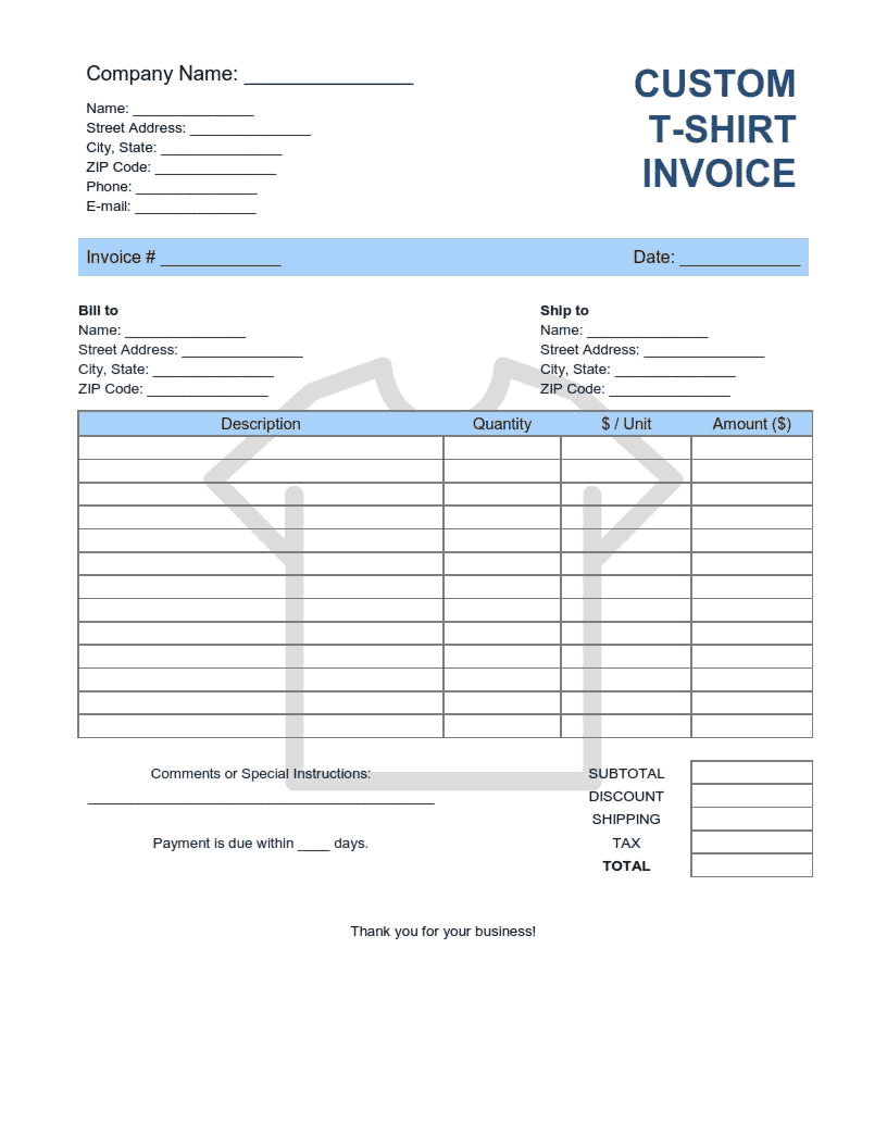 Custom T Shirt Invoice Template with Shipping Word  Excel  PDF With Blank Tshirt Template Pdf