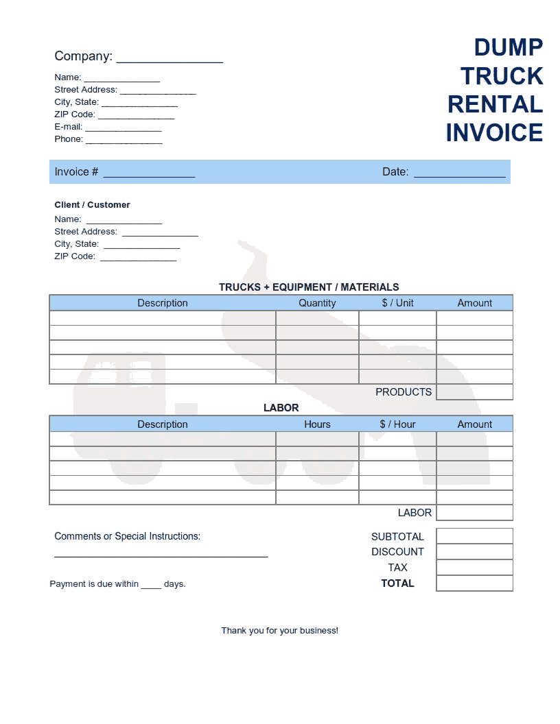 Dump Truck Rental Invoice Template Word  Excel  PDF Free Throughout Trucking Company Invoice Template