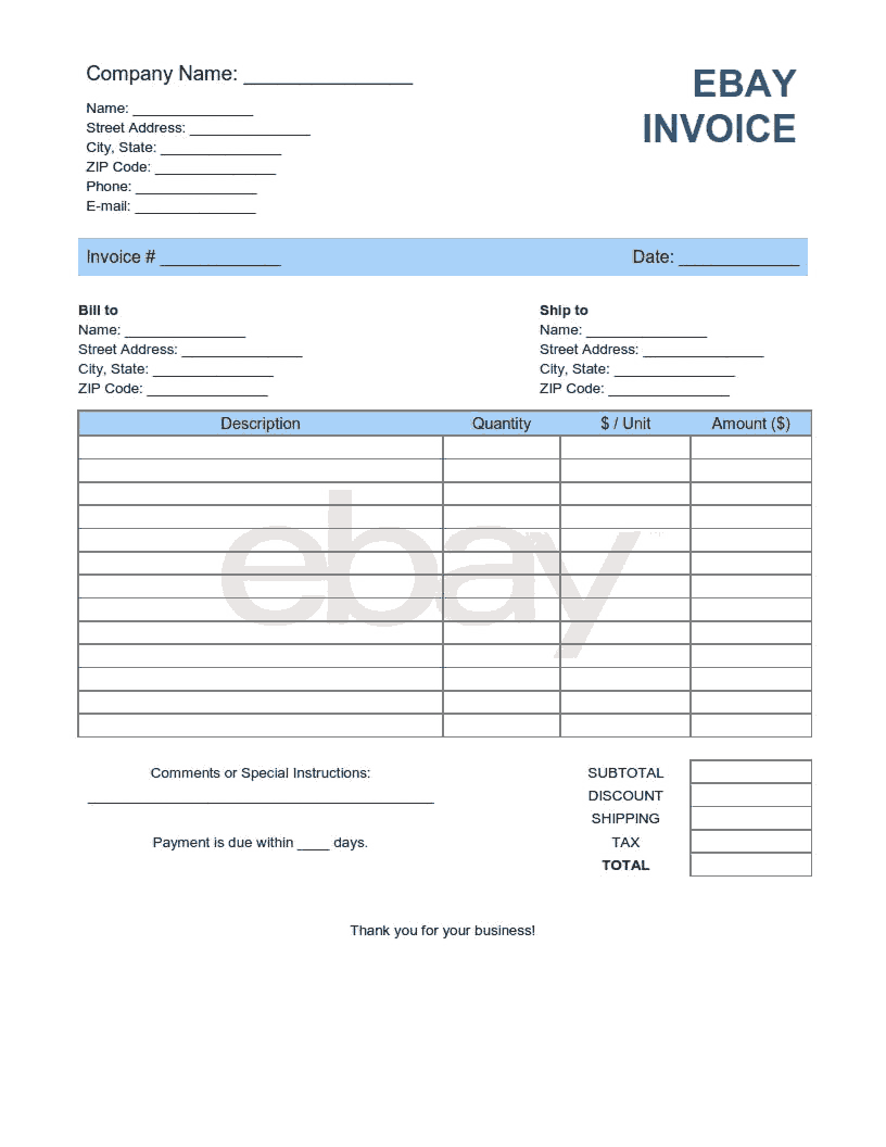 eBay Invoice Template Word  Excel  PDF Free Download  Free PDF Regarding Free Business Invoice Template Downloads