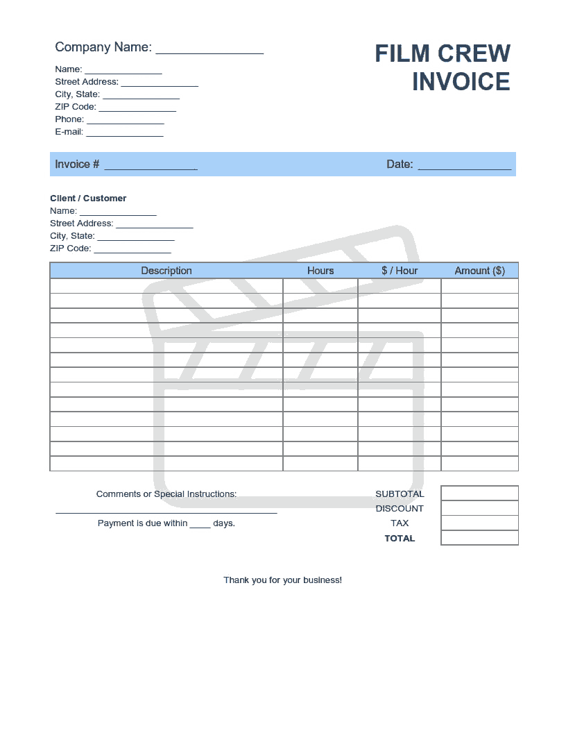 Film Crew Invoice Template Word  Excel  PDF Free Download  Free Pertaining To Film Invoice Template