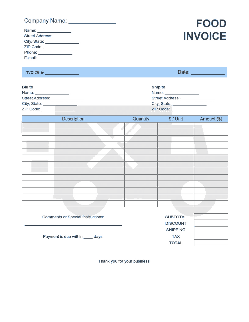 Food Invoice Template Free Printable Templates