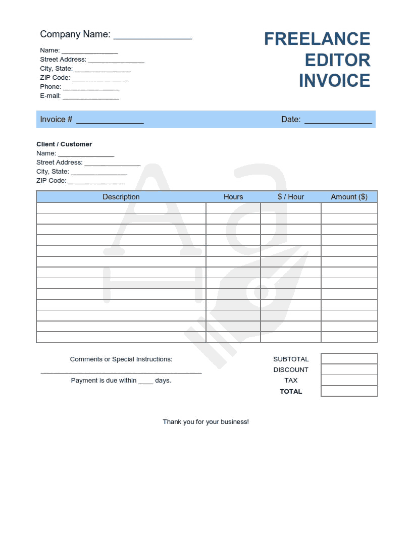 Free Download PDF Books, Freelance Editor Invoice Template Word | Excel | PDF