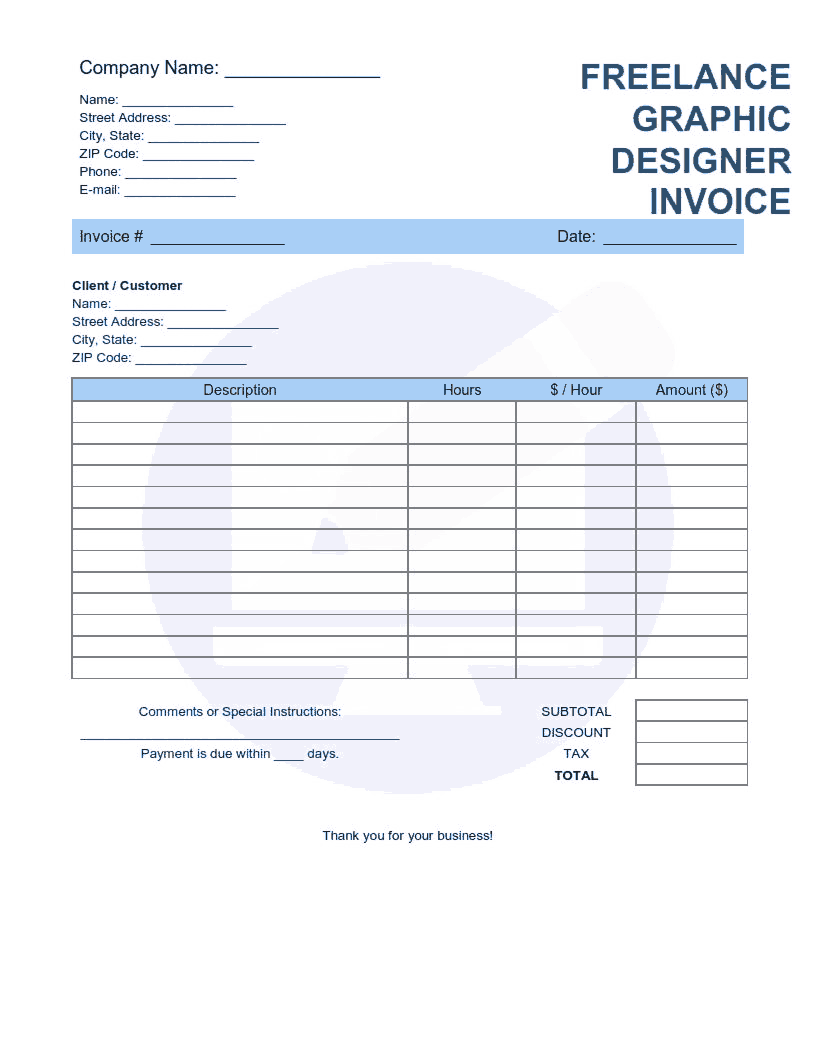 Freelance Graphic Designer Invoice Template Word  Excel  PDF Throughout Graphic Design Invoice Template Pdf