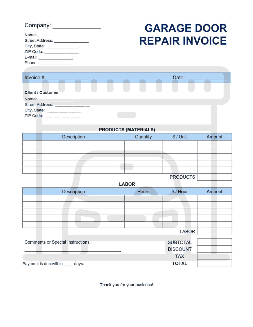 Garage Door Repair Invoice Template Word Excel PDF Free Download