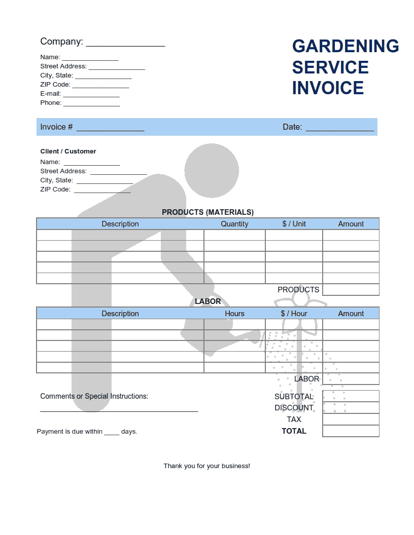 Gardening Service Invoice Template Word  Excel  PDF Free Throughout Gardening Invoice Template