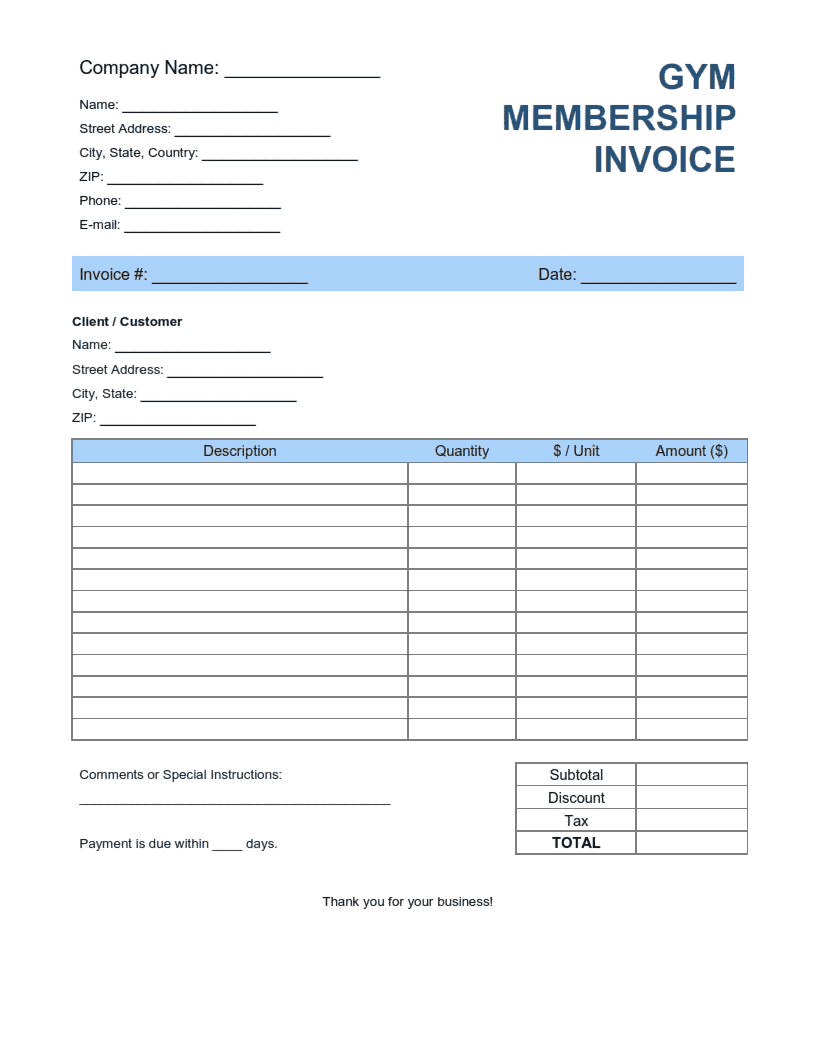 Free Download PDF Books, Gym Membership Invoice Template Word | Excel | PDF