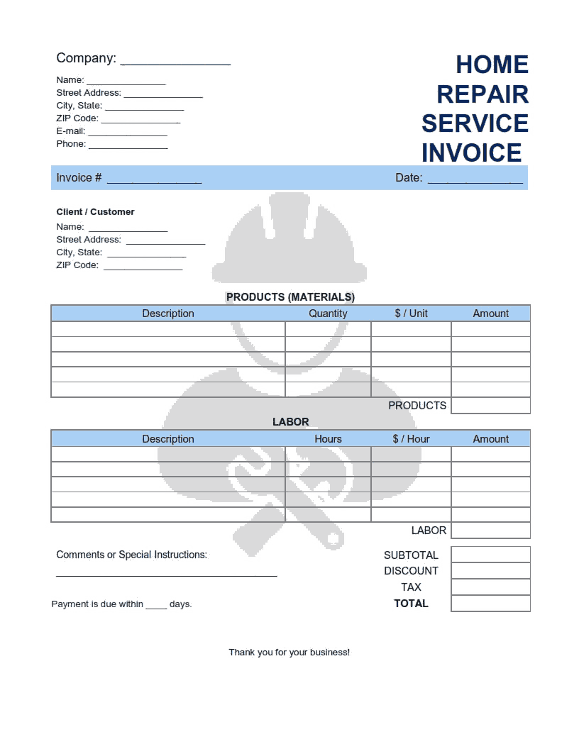 Home Repair Service Invoice Template Word  Excel  PDF Free With Hvac Service Invoice Template Free
