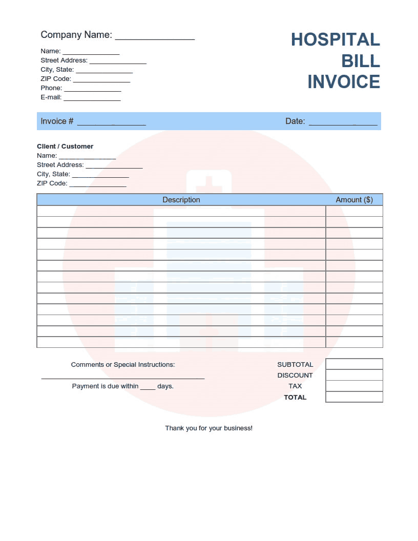 Free Download PDF Books, Hospital Bill Invoice Template Word | Excel | PDF