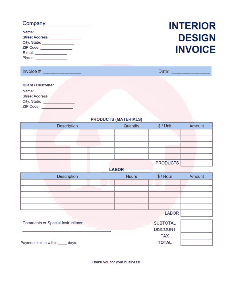 Interior Design Invoice Template Word  Excel  PDF Free Download Within Web Design Invoice Template Word