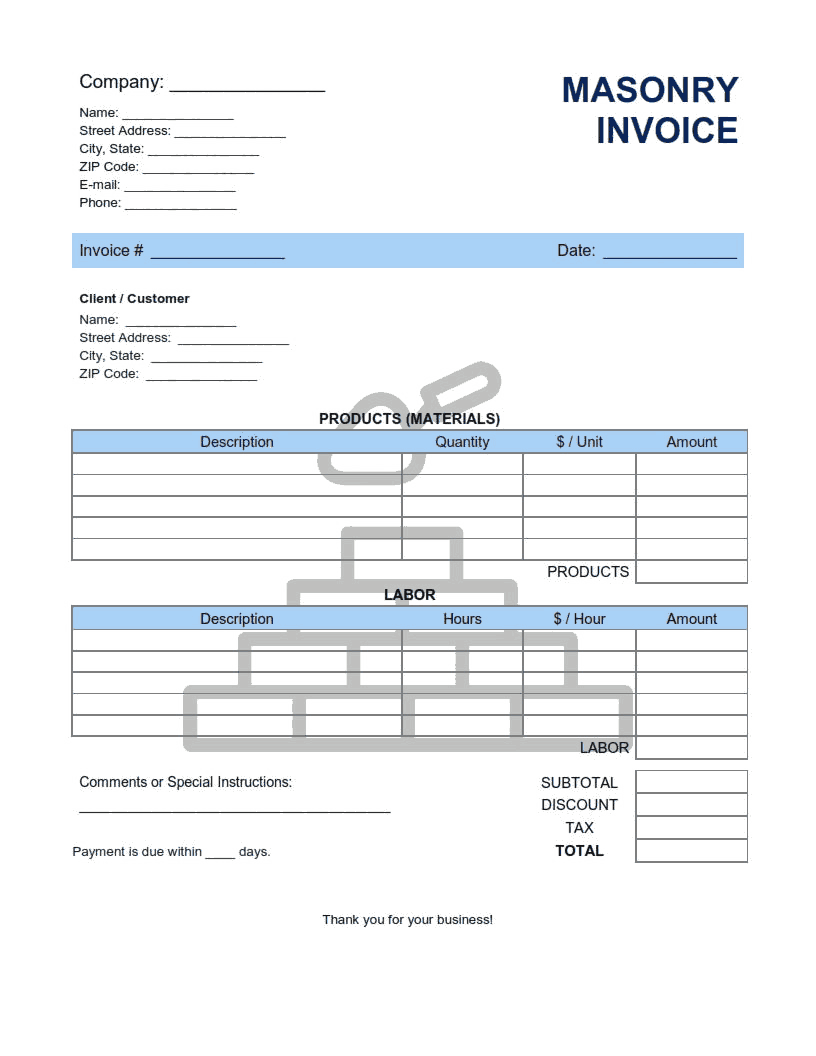 Masonry Invoice Template Word Excel Pdf Free Download Free Pdf Books