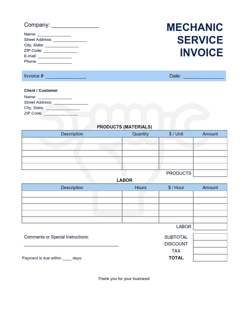 Mechanic Service Invoice Template Word | Excel | PDF Free ...