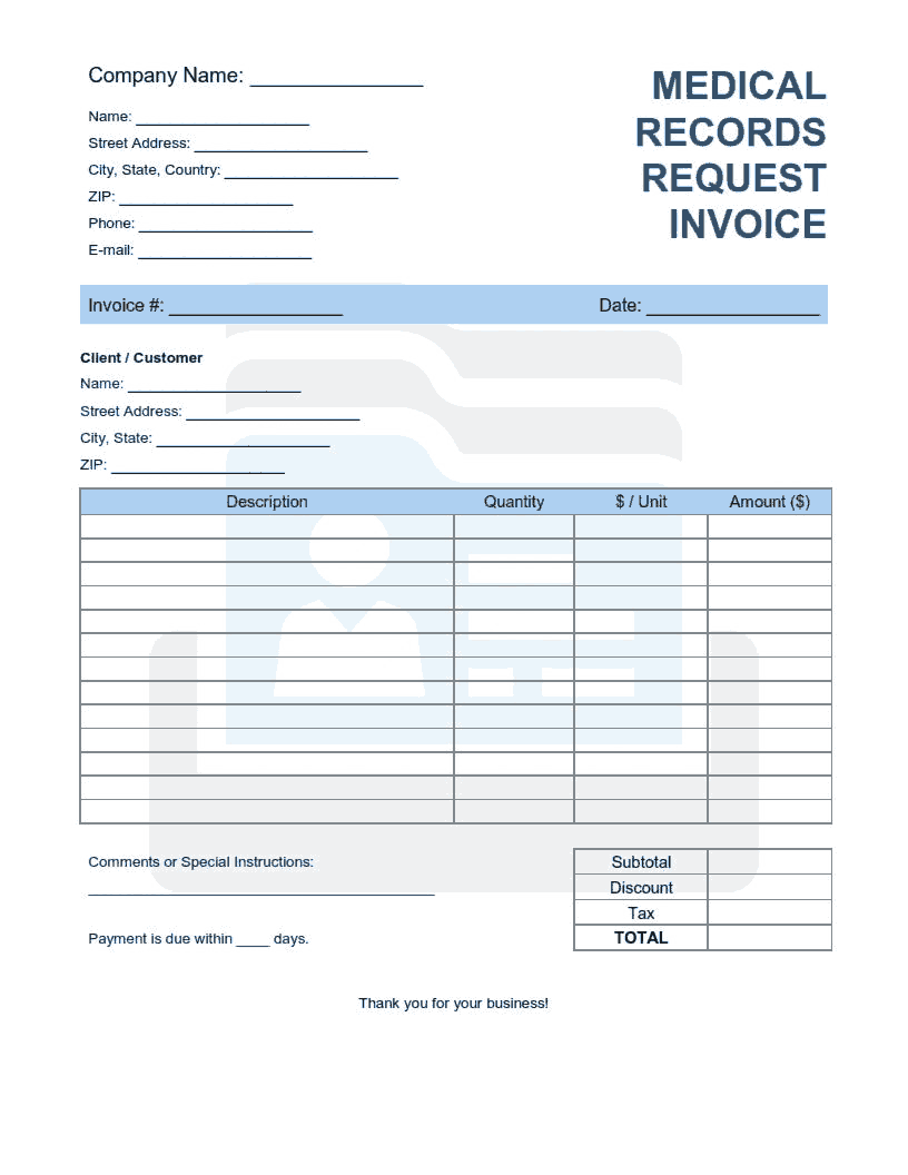 Free Download PDF Books, Medical Records Request Invoice Template Word | Excel | PDF