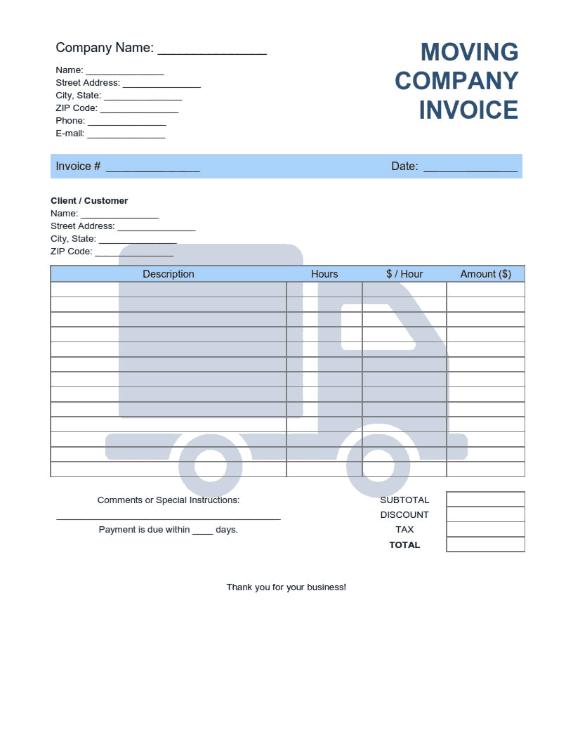 Moving Company Invoice Template Word  Excel  PDF Free Download Inside Moving Company Invoice Template Free