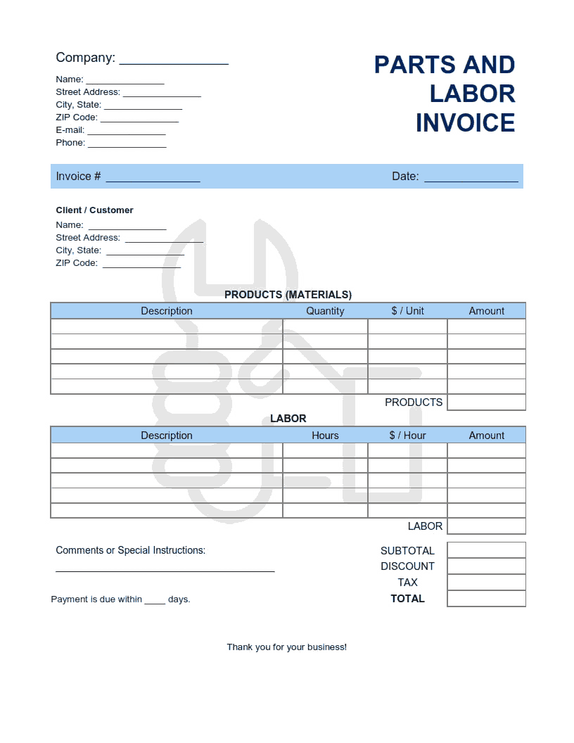 Parts and Labor Invoice Template Word  Excel  PDF Free Download With Regard To Parts And Labor Invoice Template Free
