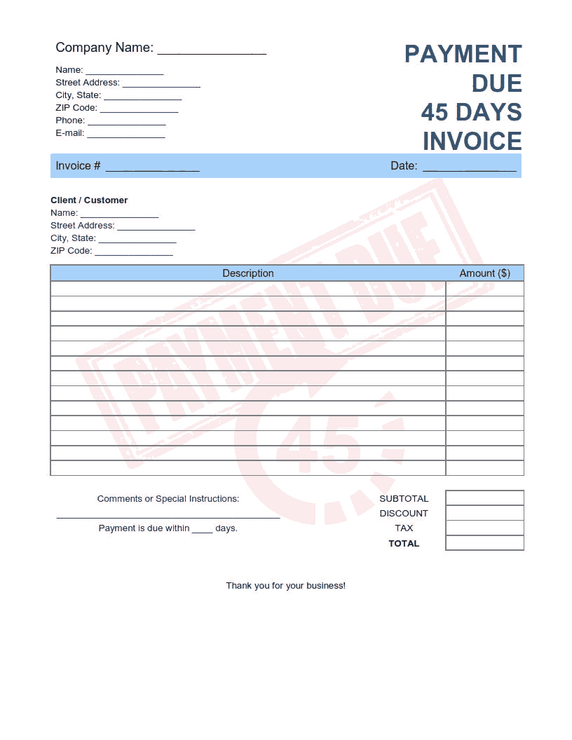 Free Download PDF Books, Payment Due 45 Days Invoice Template Word | Excel | PDF