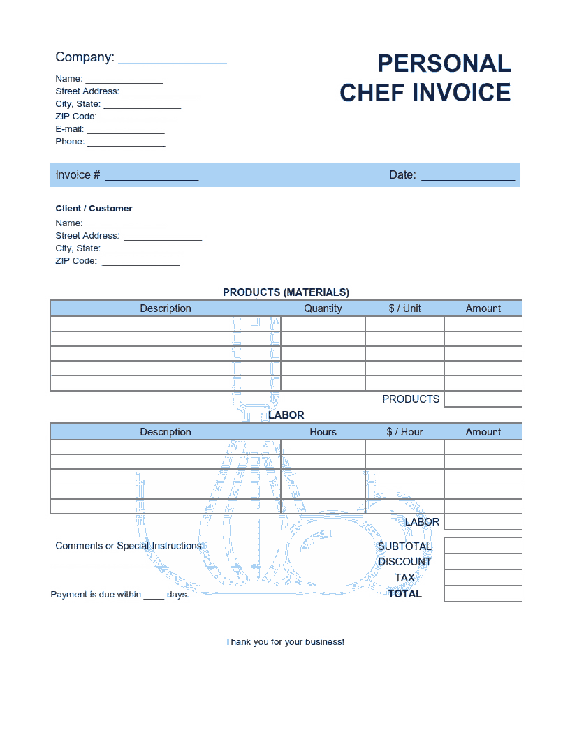 Personal Chef Invoice Template Word  Excel  PDF Free Download With Individual Invoice Template