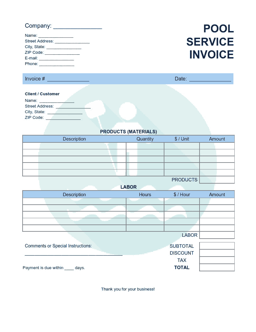 Pool Service Invoice Template Word  Excel  PDF Free Download With Download An Invoice Template