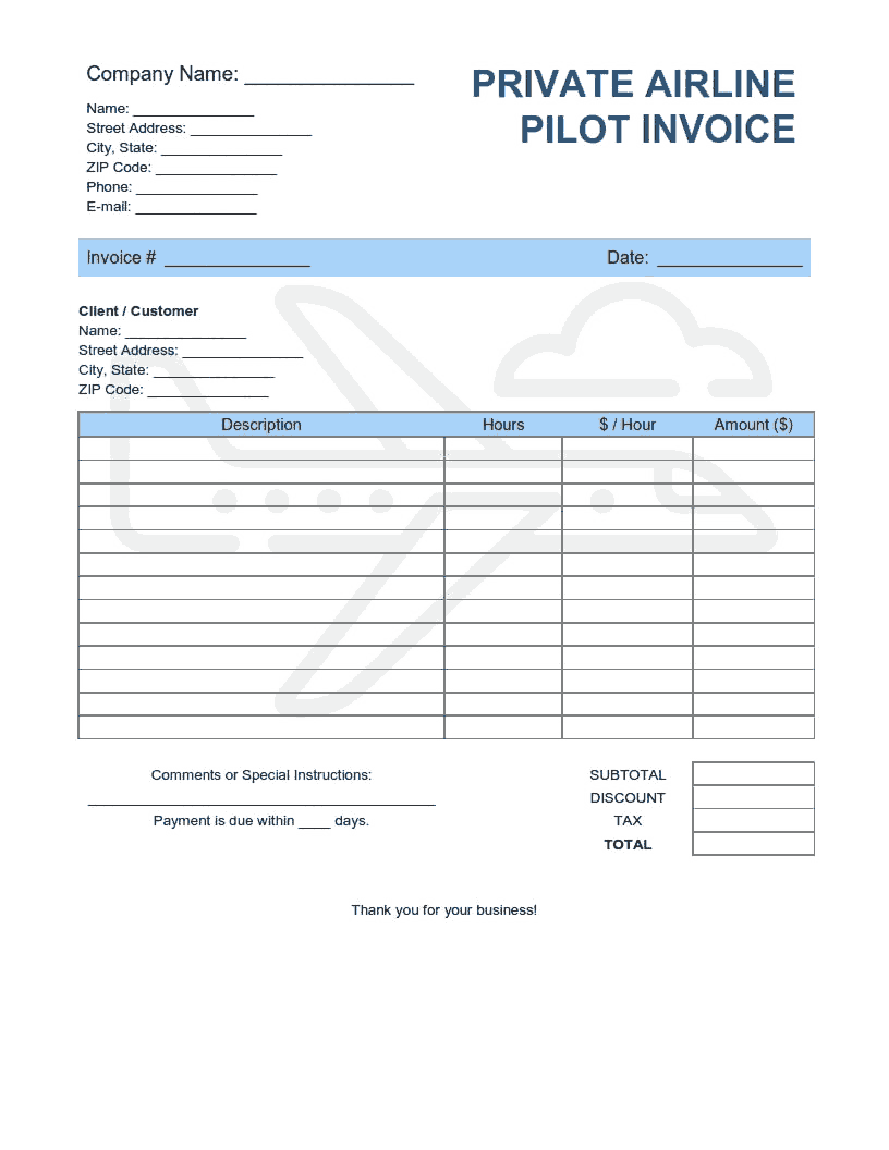 Private Airline Pilot Invoice Template Word  Excel  PDF Free Intended For Private Invoice Template