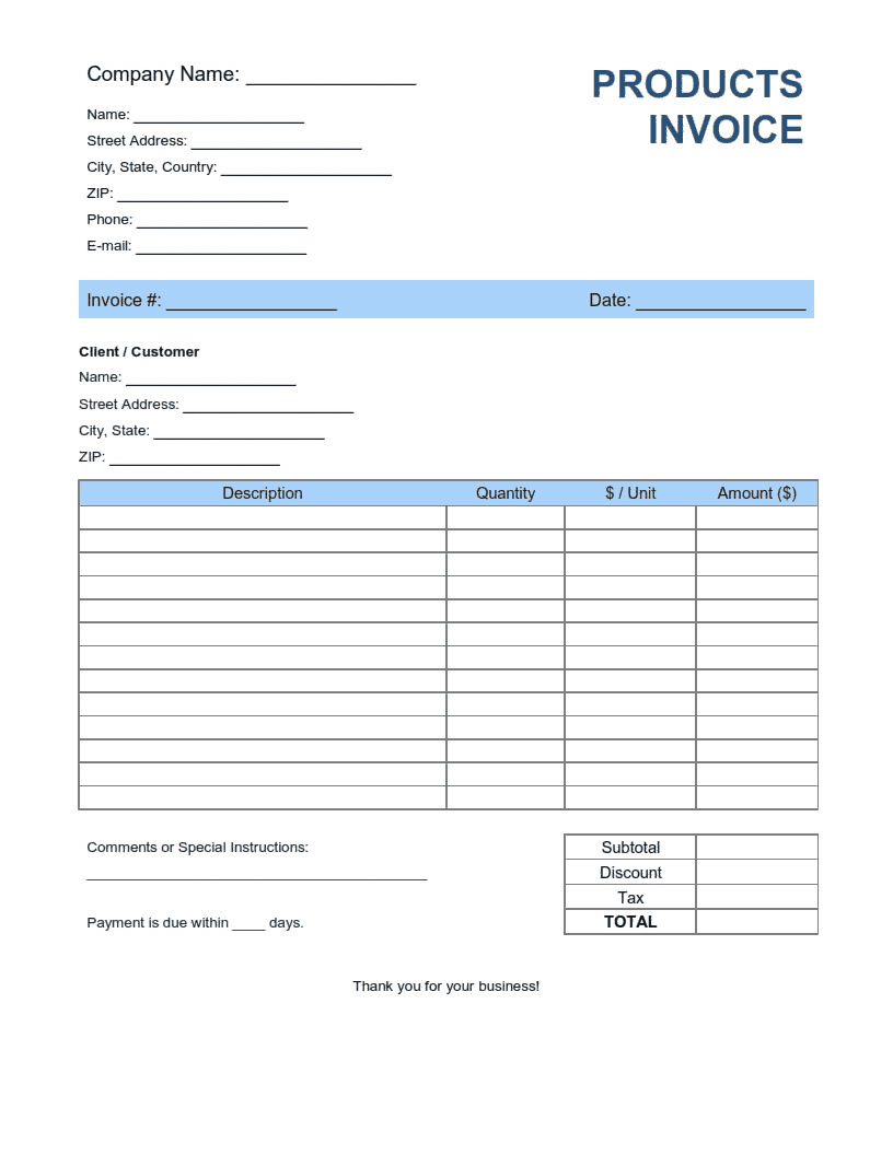 Free Download PDF Books, Products Invoice Template without Shipping Word | Excel | PDF