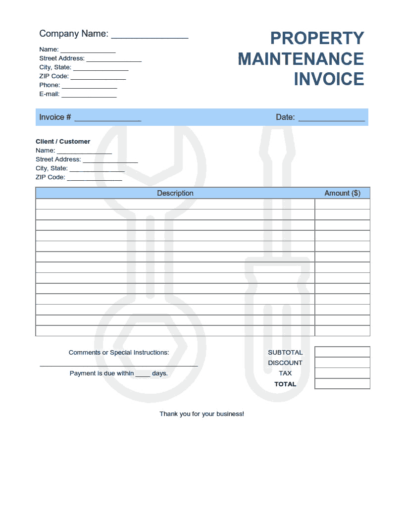 Property Maintenance Invoice Template Word  Excel  PDF Free Regarding Maintenance Invoice Template Free