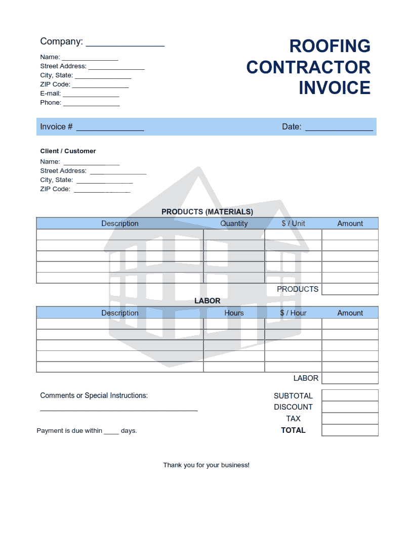 Roofing Contractor Invoice Template Word  Excel  PDF Free For Free Roofing Invoice Template