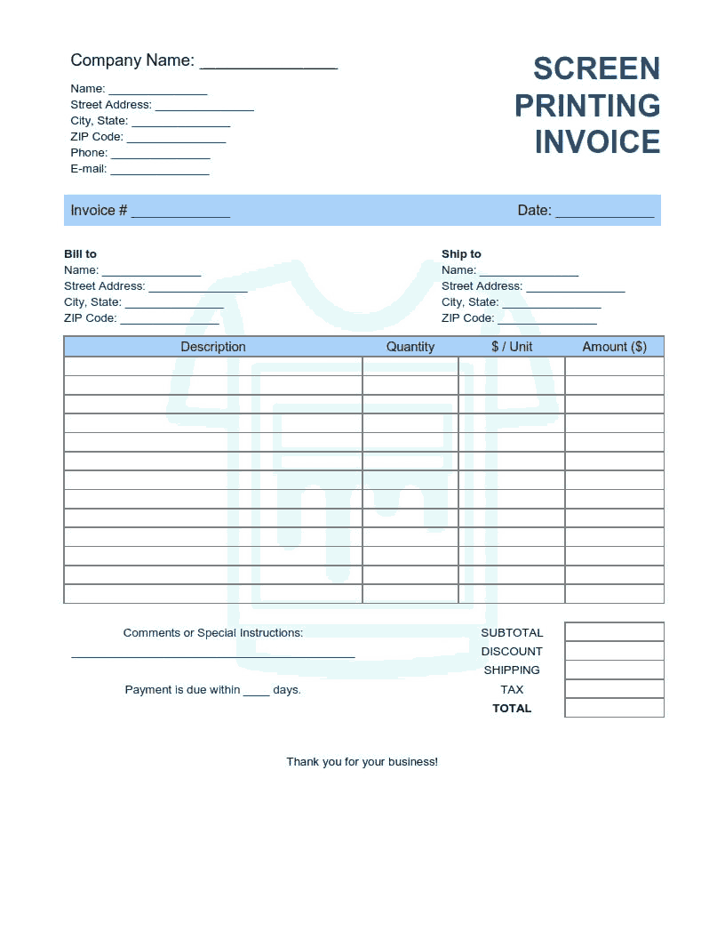 Free Download PDF Books, Screen Printing Invoice Template Word | Excel | PDF