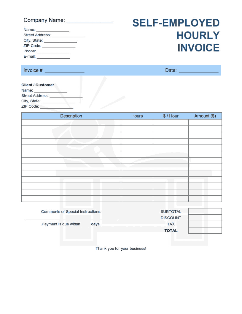 Self Employed Hourly Invoice Template Word  Excel  PDF Free Inside Invoice For Self Employed Template