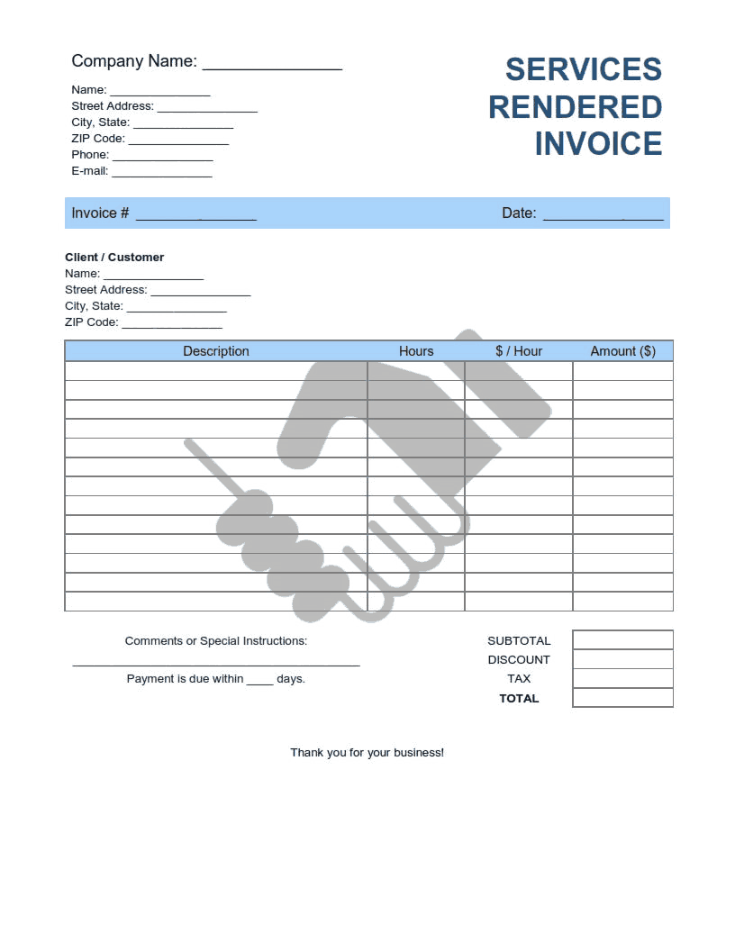 Services Rendered Invoice Template Word  Excel  PDF Free Inside Template Of Invoice For Services Rendered
