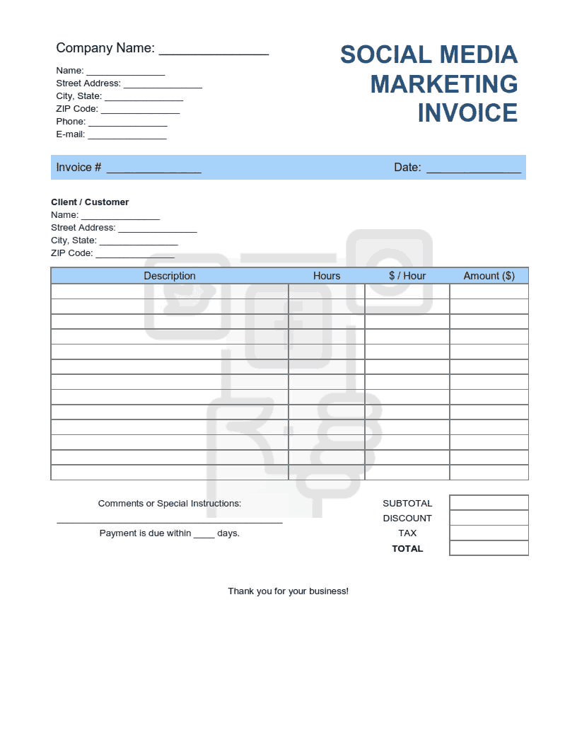 Social Media Marketing Invoice Template Word  Excel  PDF Free Regarding Generic Invoice Template Word
