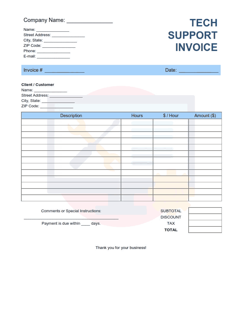 Free Download PDF Books, Tech Support Invoice Template Word | Excel | PDF