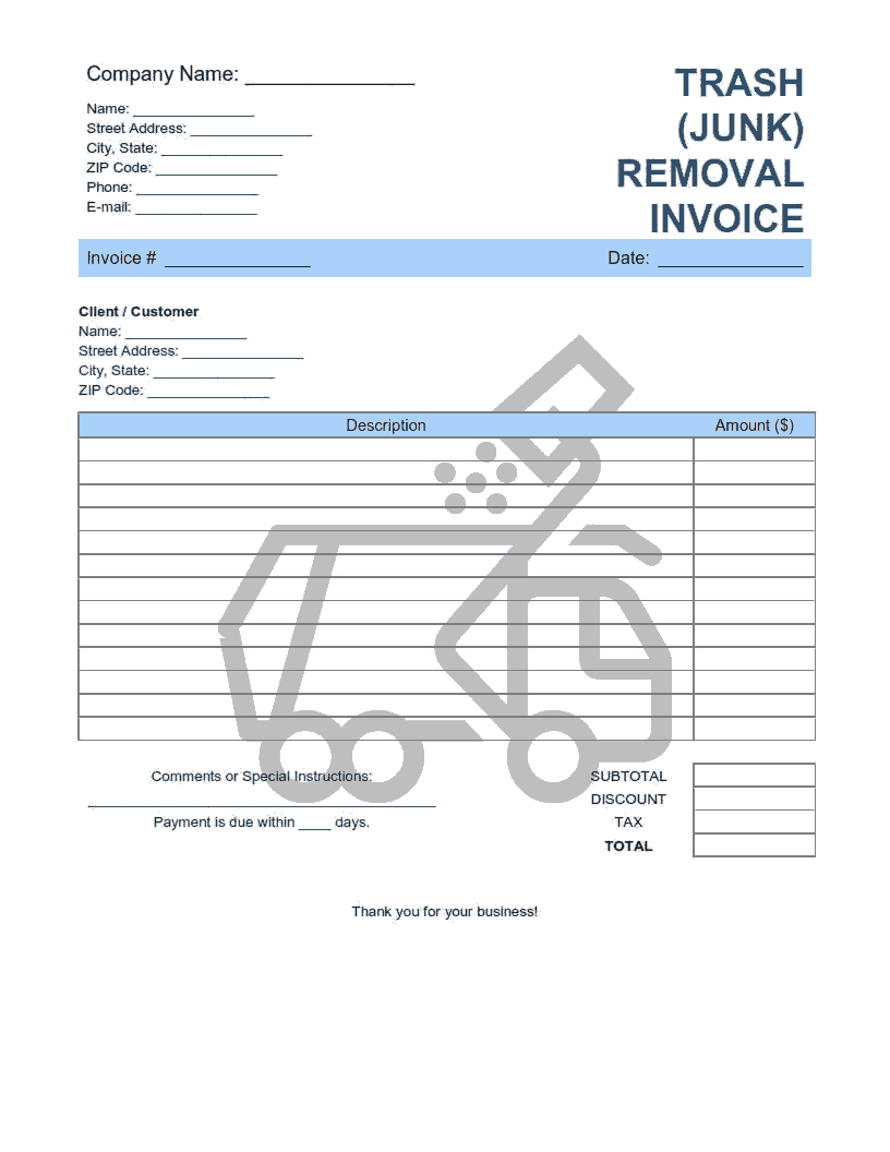 Free Download PDF Books, Trash Junk Removal Invoice Template Word | Excel | PDF