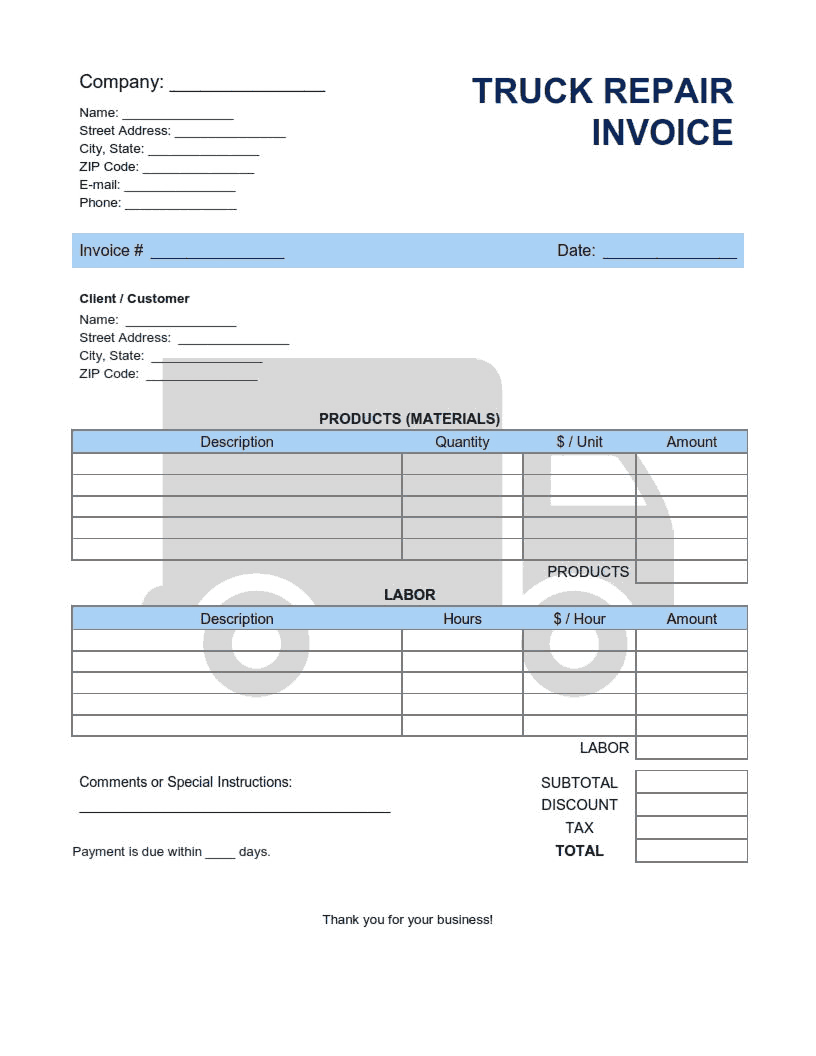 Truck Repair Invoice Template Word  Excel  PDF Free Download With Trucking Company Invoice Template