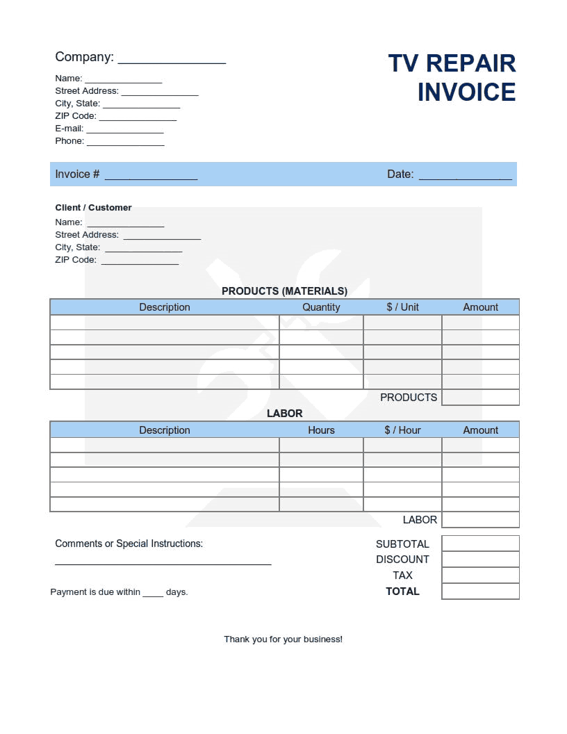 TV Repair Invoice Template Word  Excel  PDF Free Download  Free With Regard To Air Conditioning Invoice Template