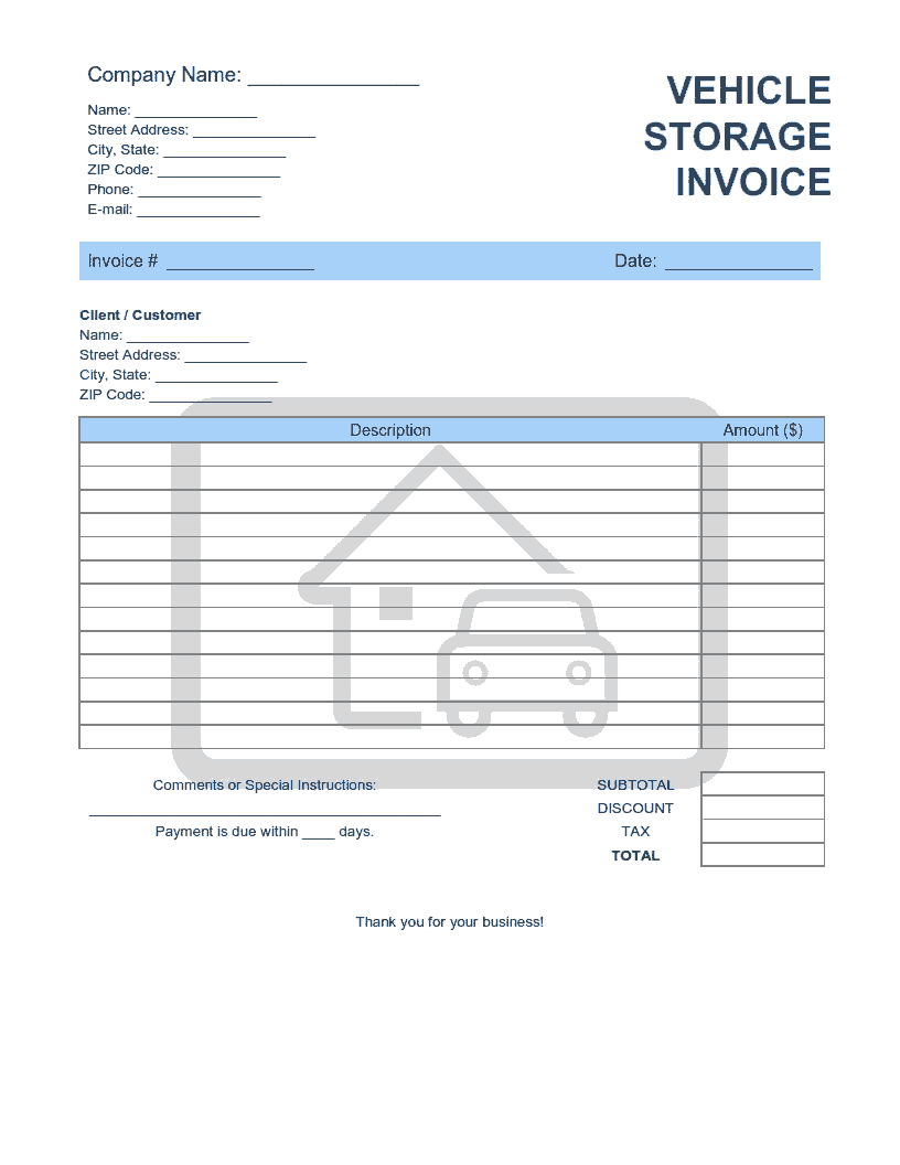 Vehicle Storage Invoice Template Word  Excel  PDF Free Download Throughout Free Sample Invoice Template Word