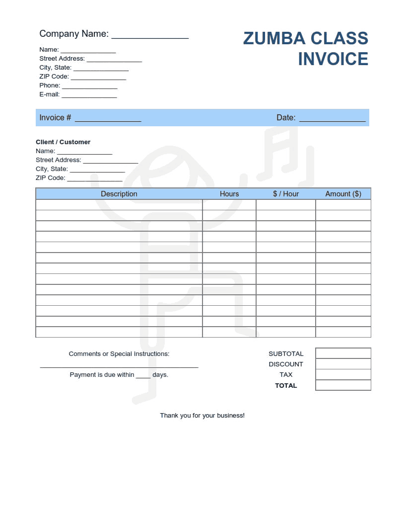 Zumba Class Invoice Template Word Excel Pdf Free Download Free Pdf Books