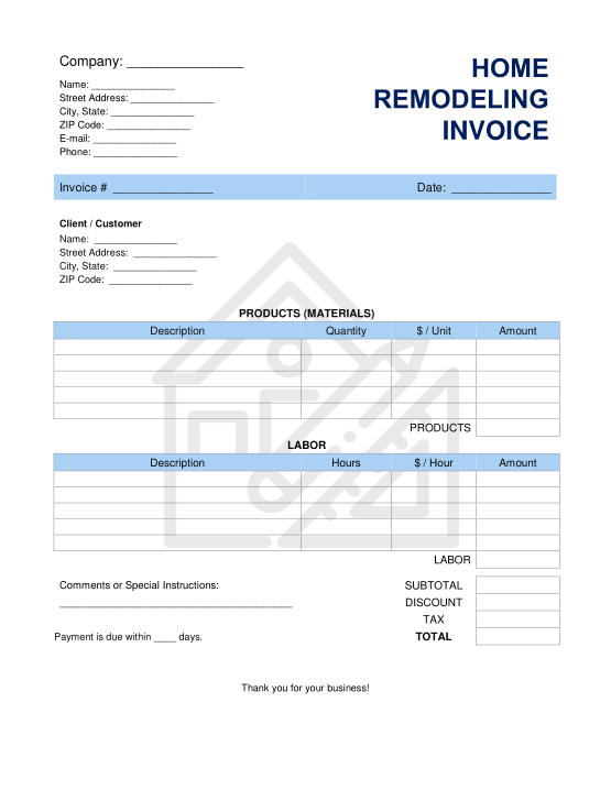 Home Remodeling Invoice Template Word Excel PDF Free Download
