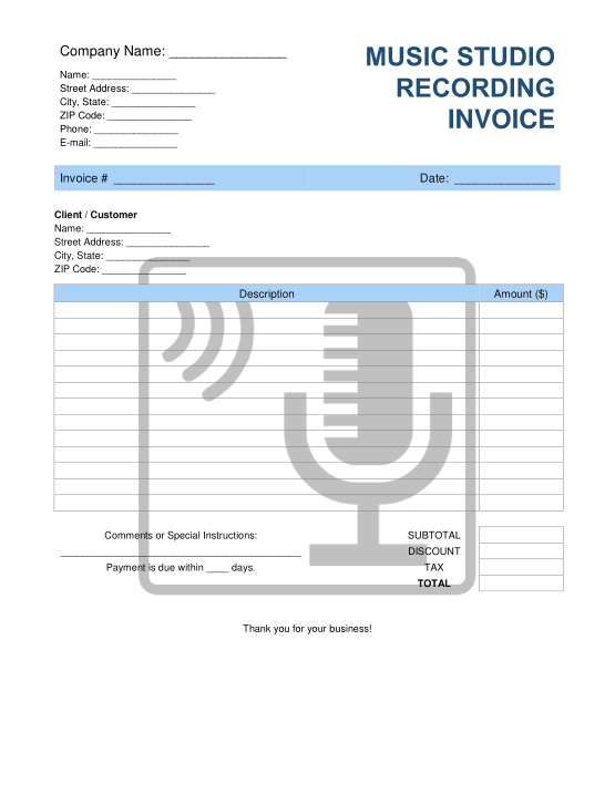 Free Download PDF Books, Music Recording Studio Invoice Template Word | Excel | PDF